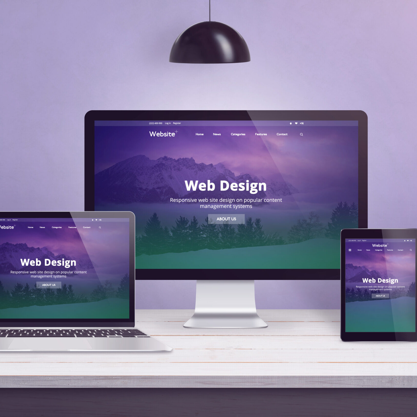 Flat design web site concept on multiple devices. Work desk with laptop, computer display, smart phone and tablet. Purple wall in bacground.